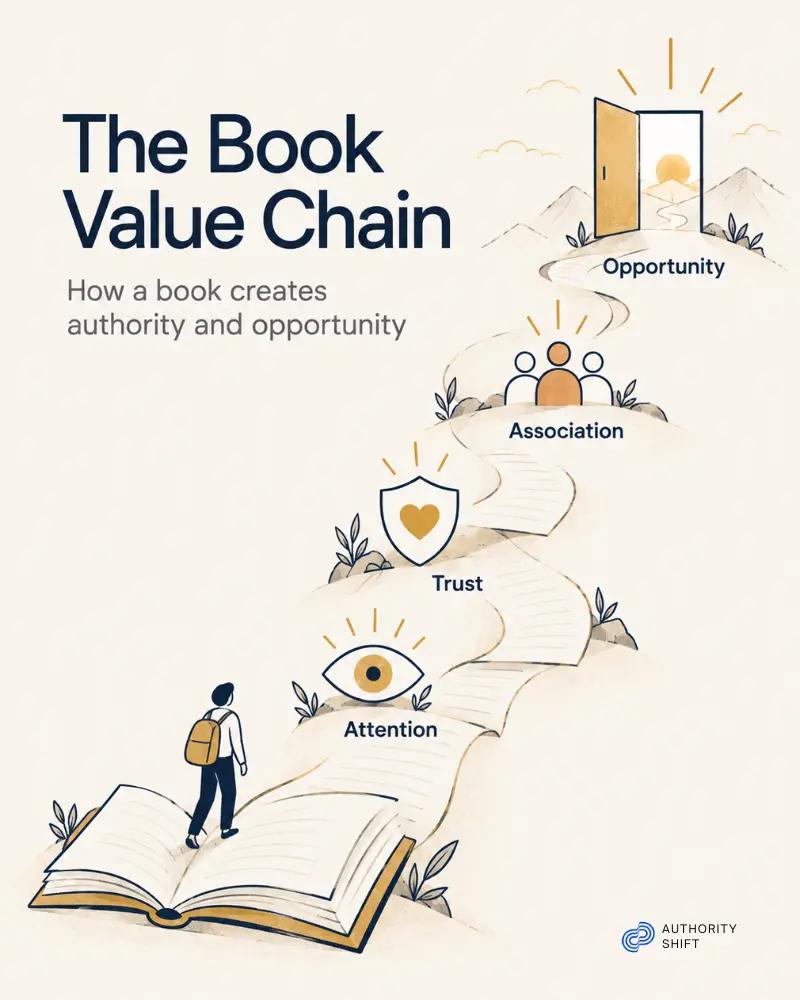 The Book Value Chain: Book, Attention, Trust, Association, and Opportunity, a 5-step model for turning a book into authority and better opportunities.