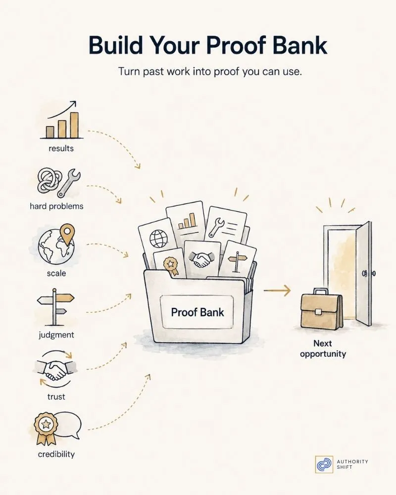 A Proof Bank turns years of results, trust, judgment, and experience into organized evidence you can use for your next opportunity.