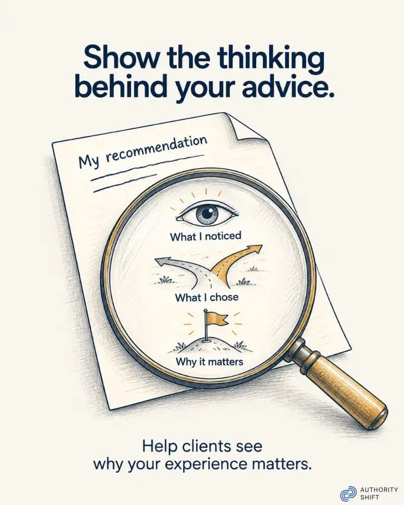 A magnifying glass reveals the thinking behind a recommendation: what I noticed, what I chose, and why it matters.