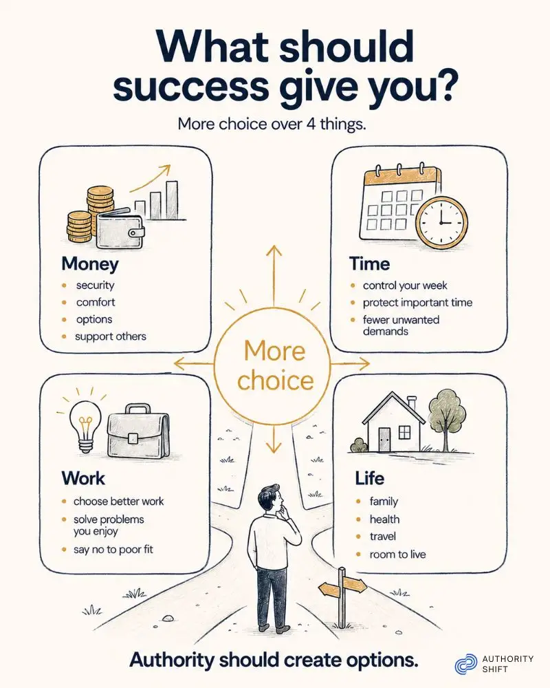 4-Part Success Matrix showing money, time, work, and life as four areas where success can create more choice.