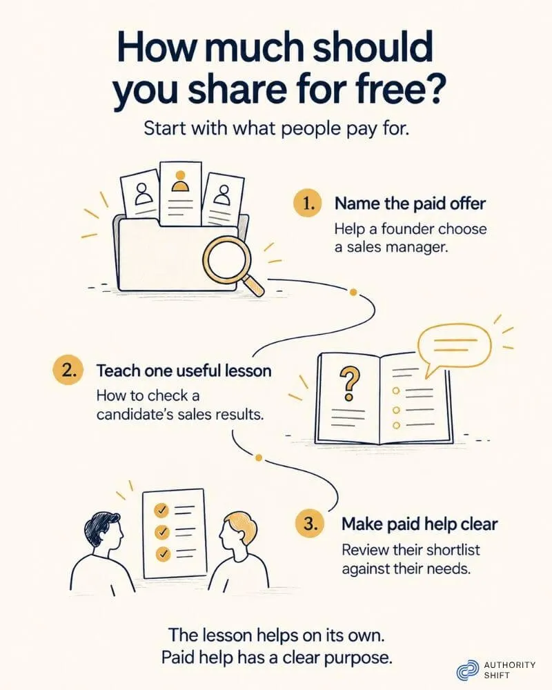 Three steps for sharing expertise: name the paid offer, teach one useful lesson, and make paid help clear.