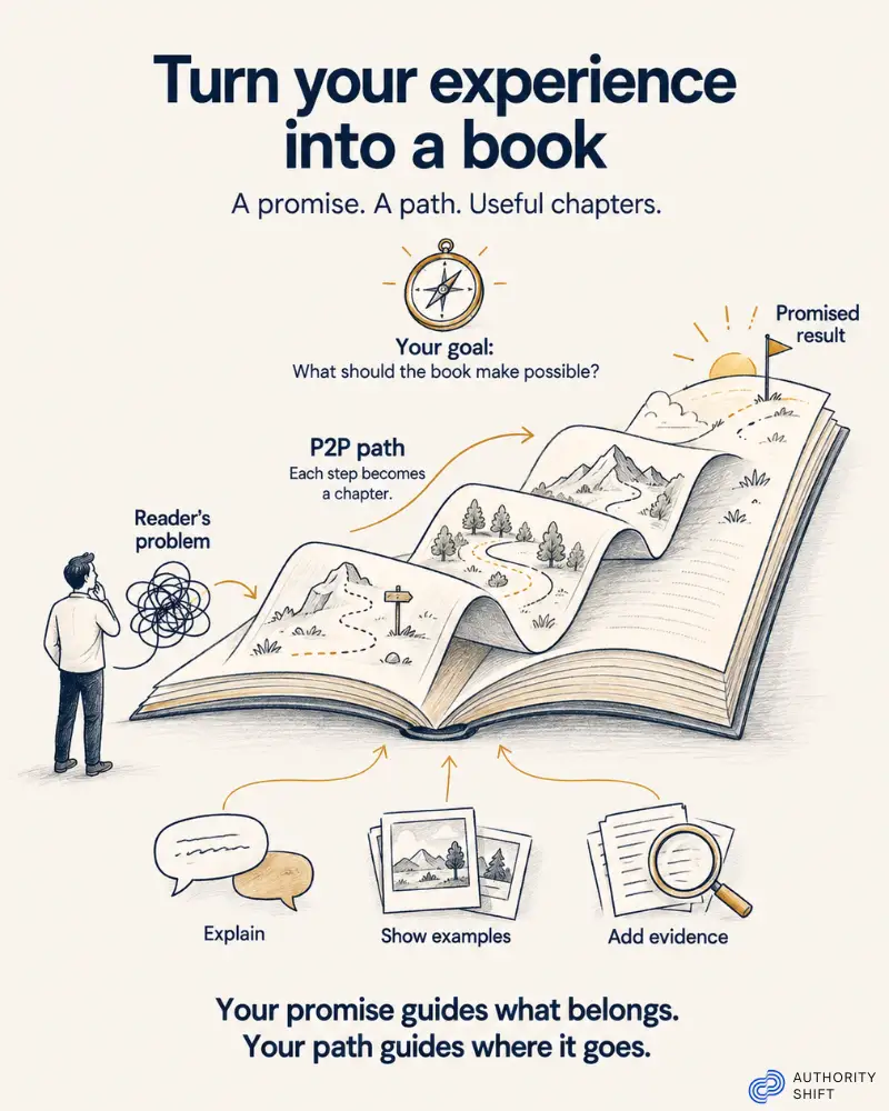 The book-writing blueprint: set your goal, write a book promise, map the Problem-to-Promiseland path, and fill each chapter with useful material.