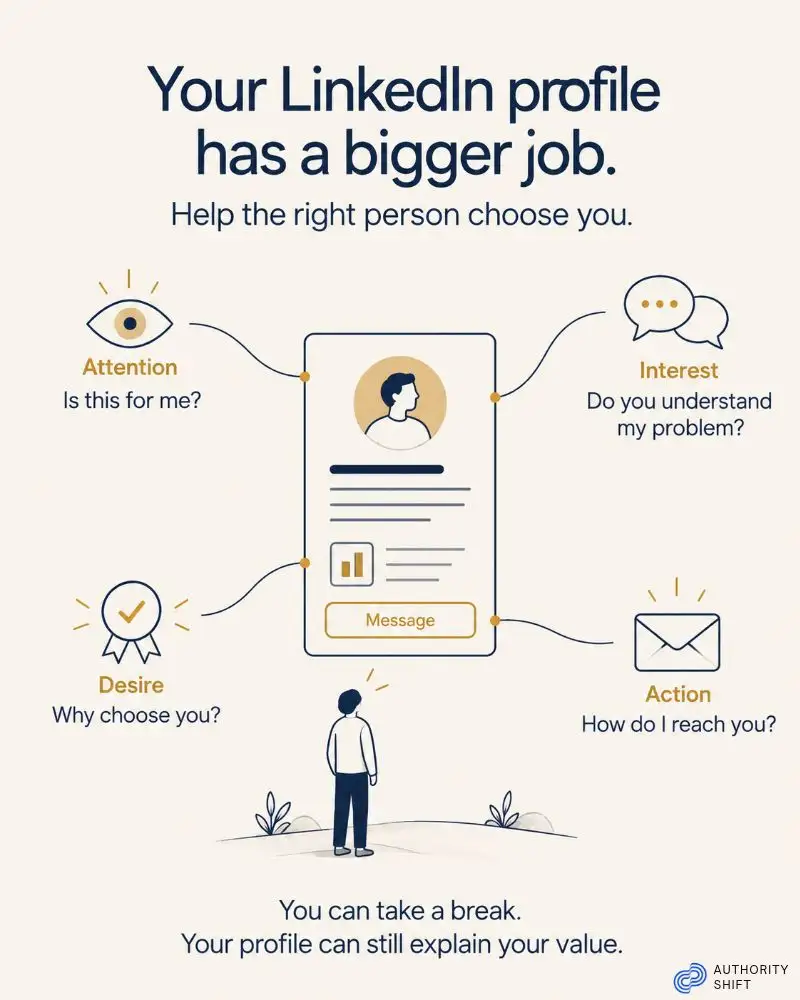 LinkedIn profile showing four visitor questions: Is this for me? Do you understand my problem? Why choose you? How do I reach you?