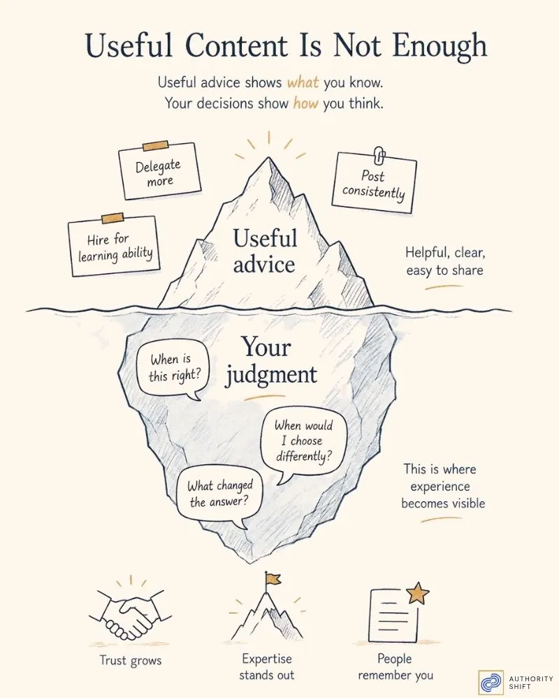 Useful content shows what you know; the judgment, conditions, and decision behind it show how you think.
